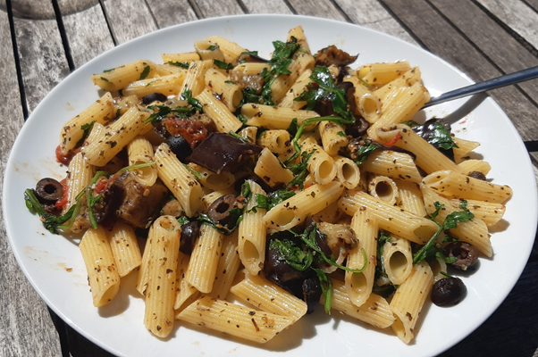 vegan eggplant olive rocket pasta recipe