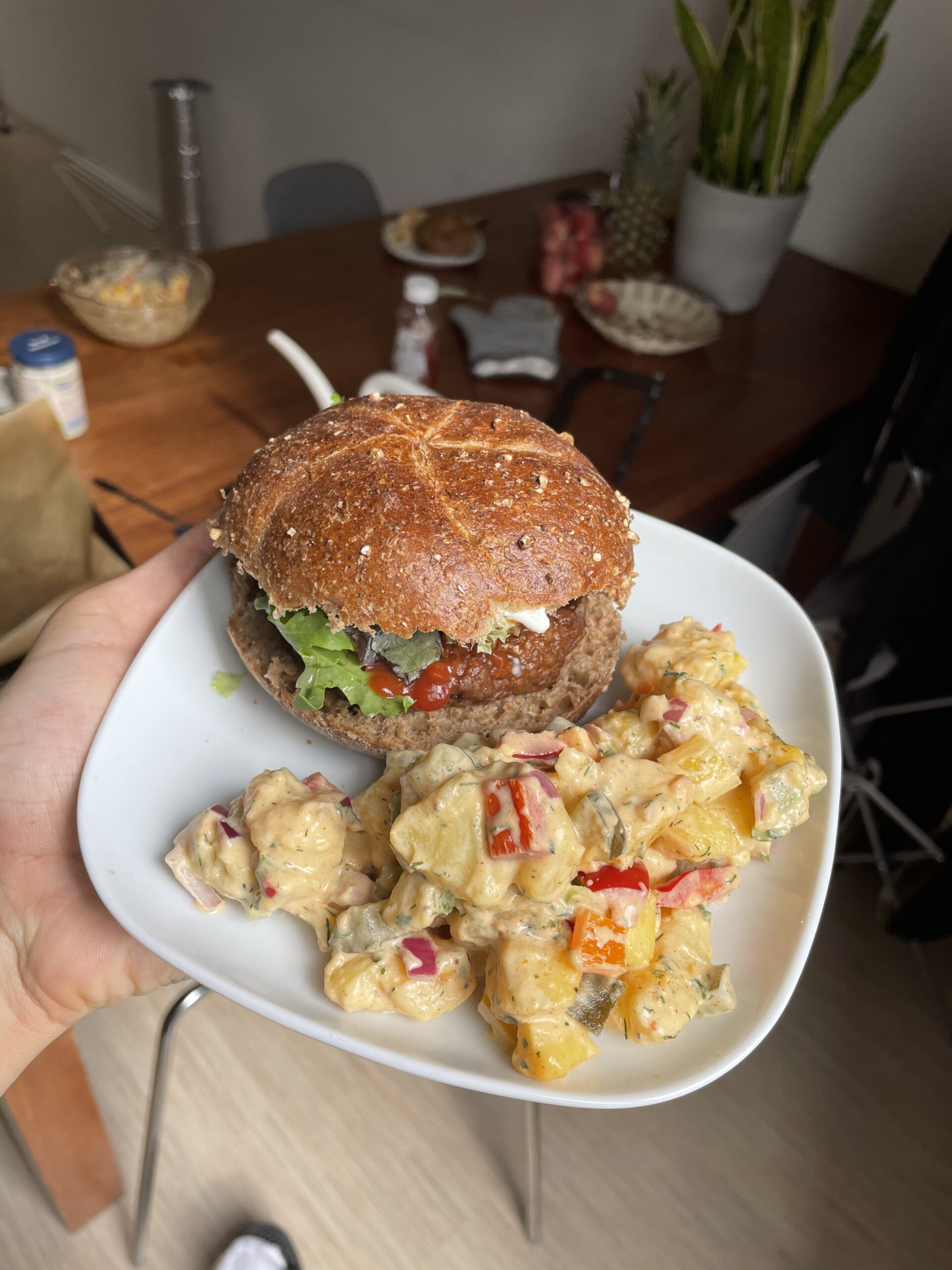 vegan burger and southern potato salad 