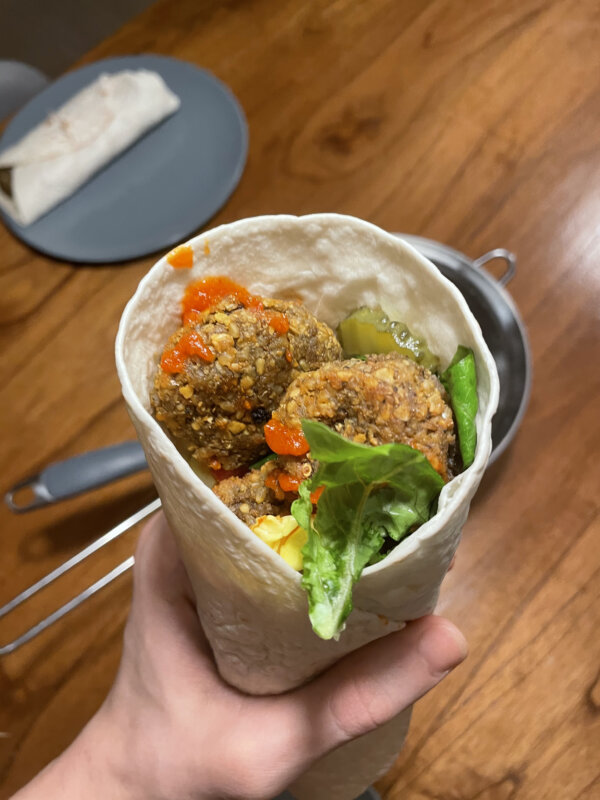 veganised spicy falafel wrap