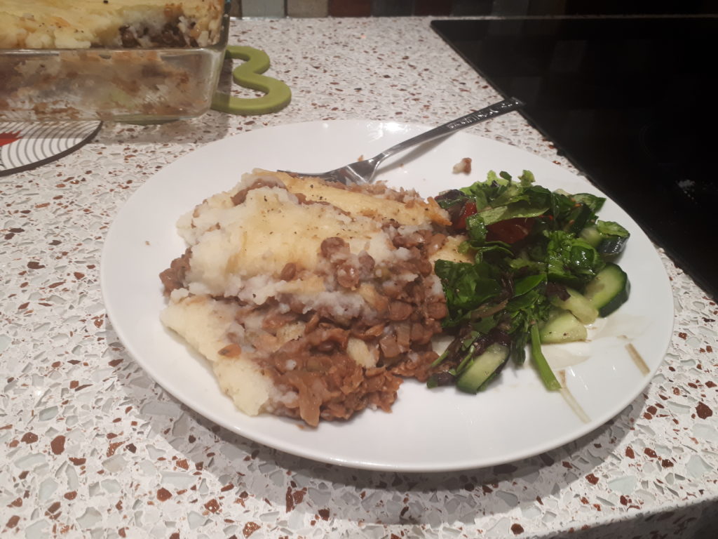 Vegan shepherd's pie and salad