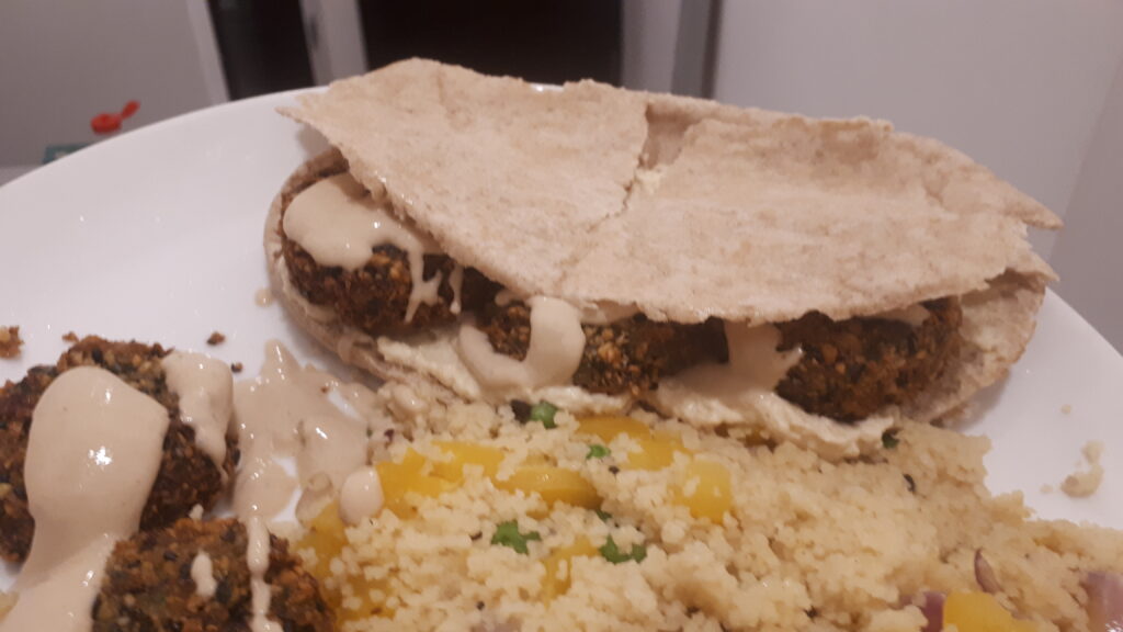 vegan falafel in pitta and tahini