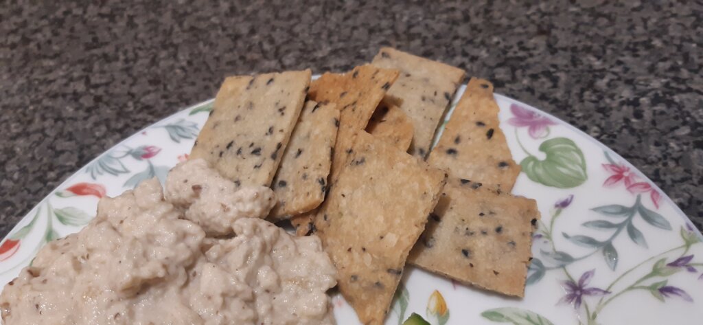 homemade gf crackers and baba ganush