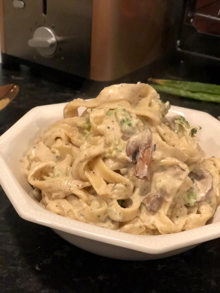 side view mushroom alfredo pasta