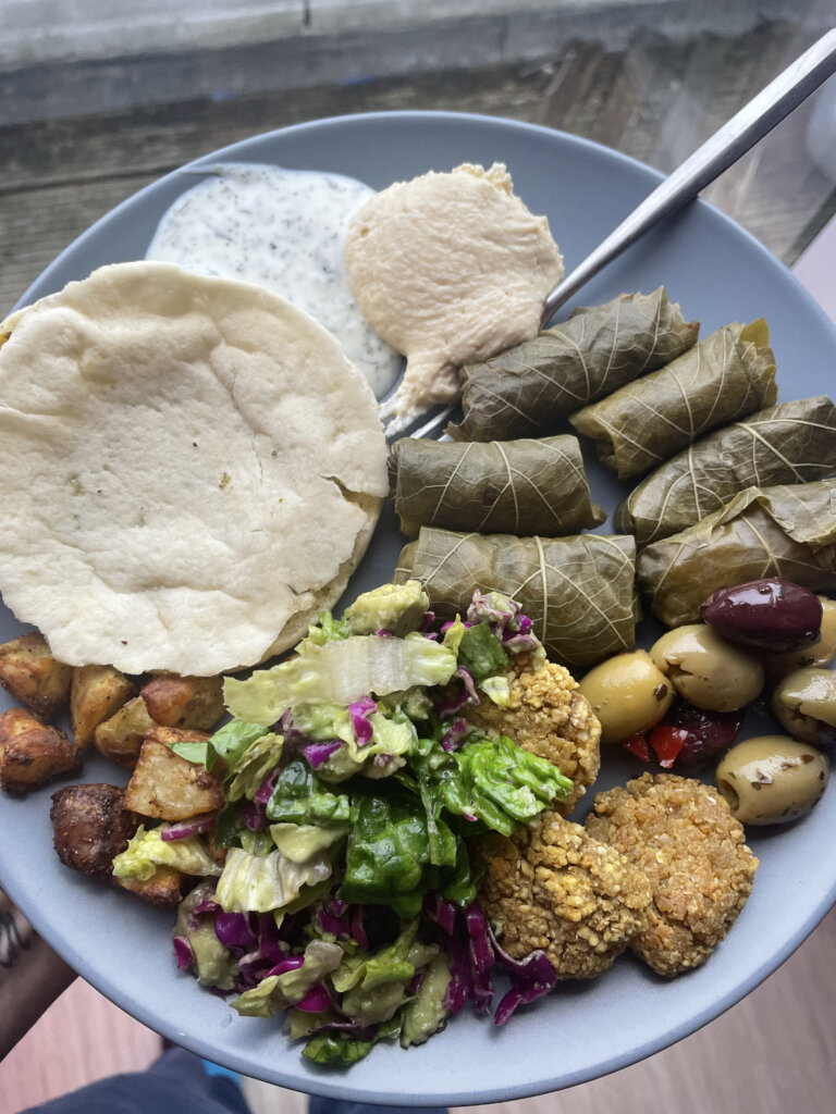 mezza spread with dolma and hummus