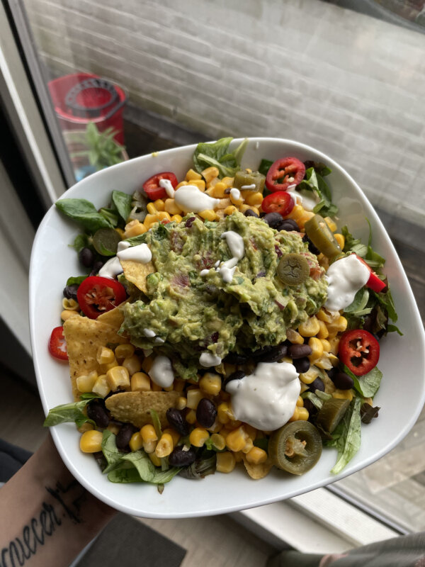 panned angle blackbean sweetcorn nacho bowl