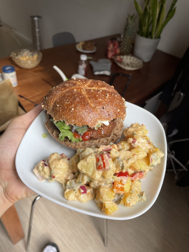 vegan burger and southern potato salad
