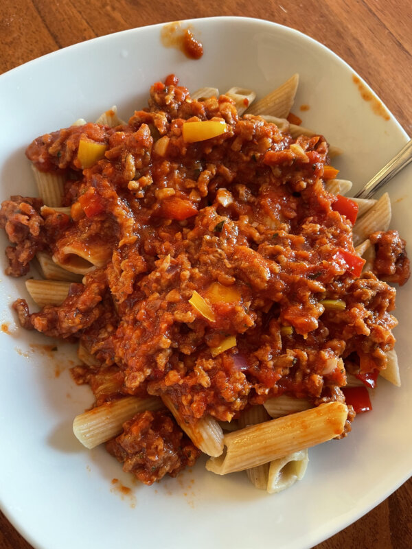 close vegan penne bolognese